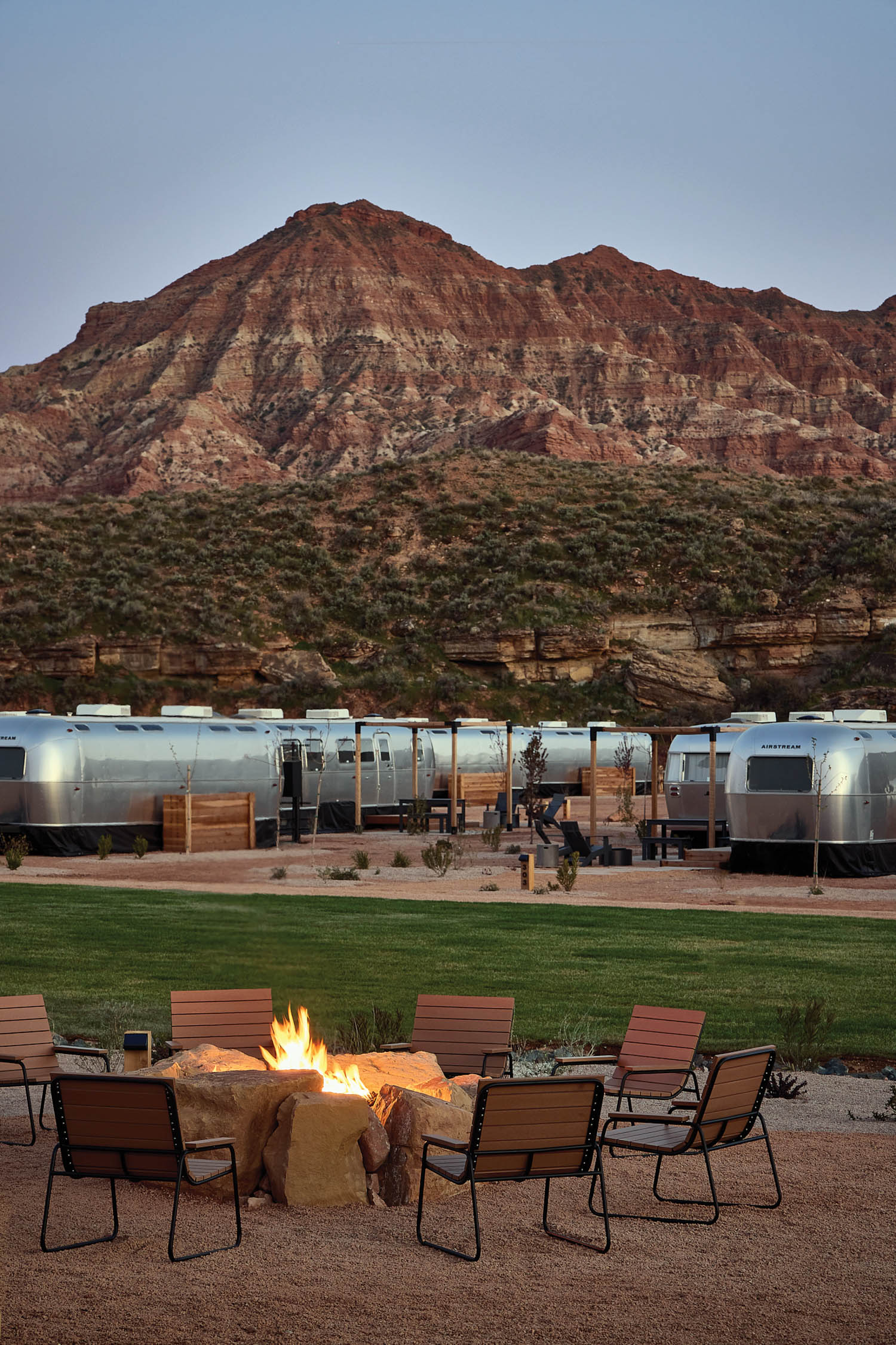 Autocamp Zion's property with the mountains of Zion National Park in the background