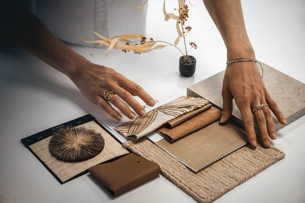 a tan mood board with natural materials